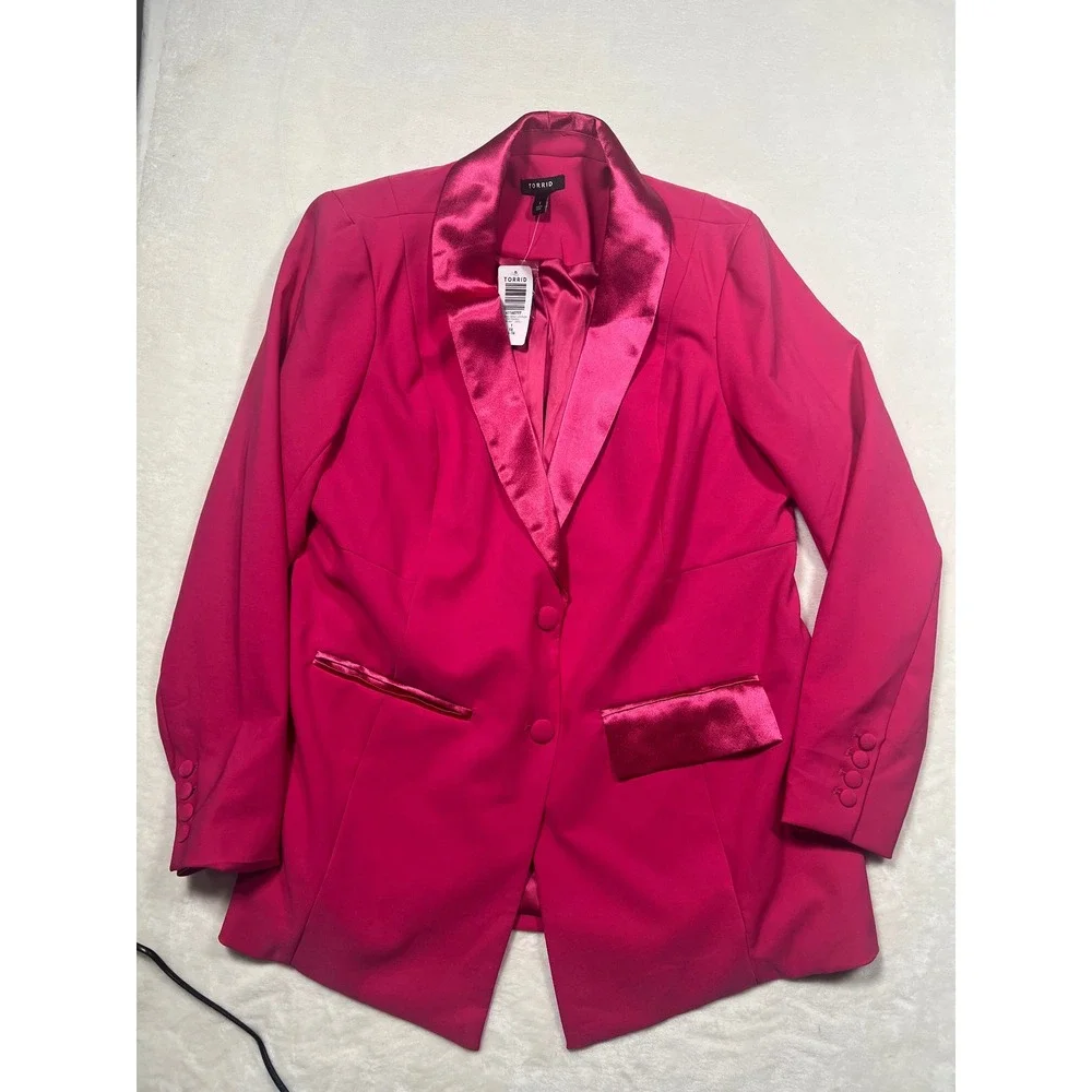Torrid Pink Peacock Sharkskin Contrast Lapel Blazer 1X 14-16 Barbiecore Formal